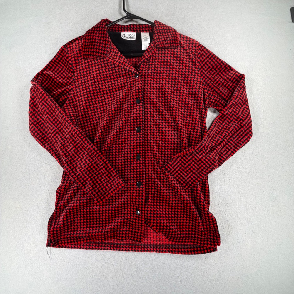 Russ Liz Claiborne Houndstooth Button Up Shirt Womens Small 4/6 Red Black Velour